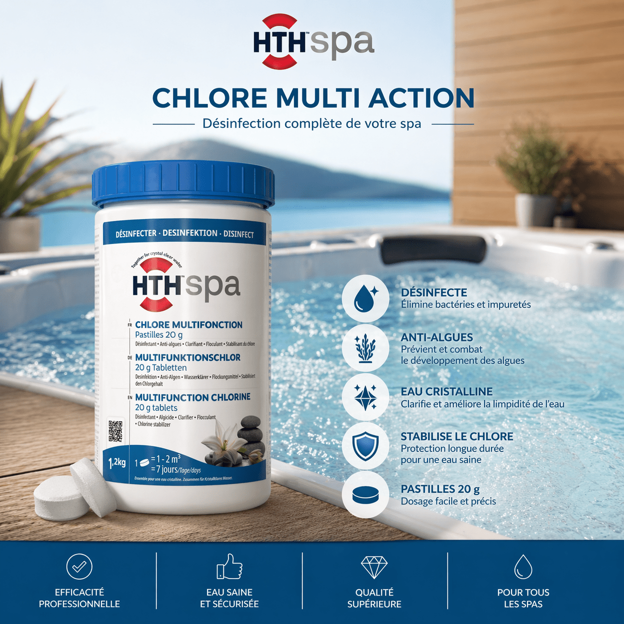 Chlore Multi Action HTH Spa 20g – Désinfection complète - Quality Spa